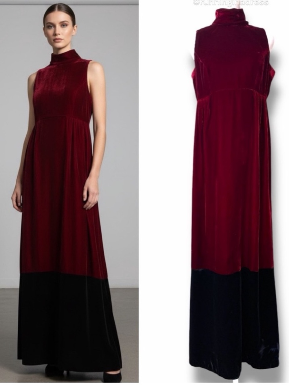 Vintage 70s Mindy Malone Velvet Maxi Dress Red & Black Colorblock Mock Neck Gown